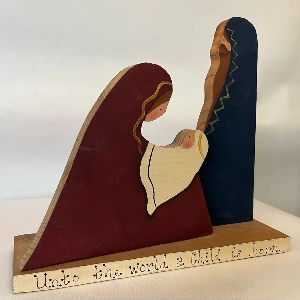 Vintage Handmade Wood Nativity Unto the World a Child is Born Painted Rustic